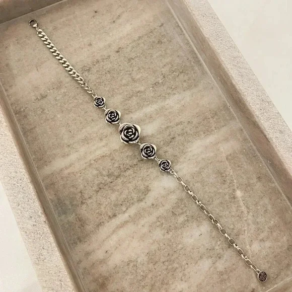925 Sterling Silver Vintage Rose Bracelet Chain Link Bracelet Flower Bracelet - Picture 4 of 6